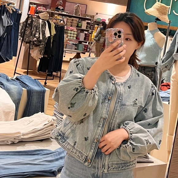 Pilcro Jackets & Blazers - Pilcro Blue Denim Jacket with Floral Details